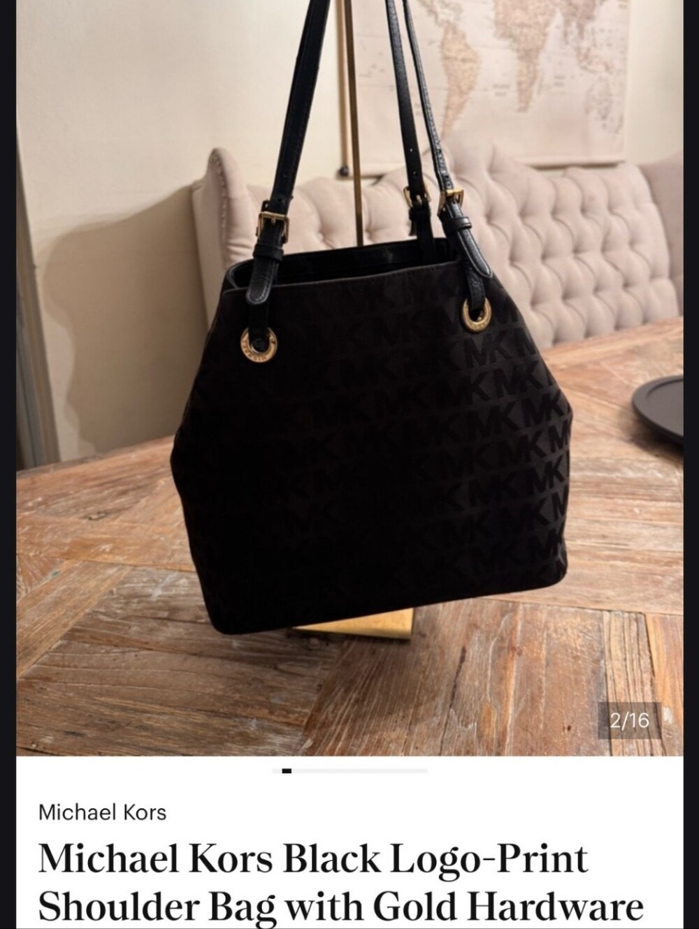 Michael Kors Black Logo-Print Shoulder Bag with Gold Rings